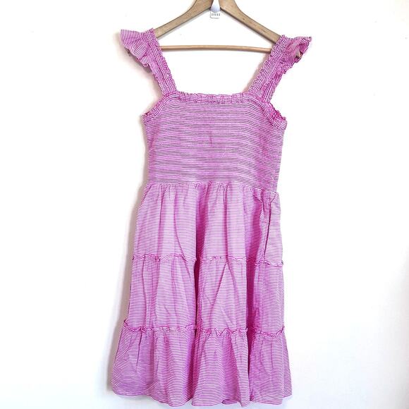 J Crew Smocked Tiered Ruffle Dress Size M Pink Nautical Preppy New England India - Picture 3 of 11
